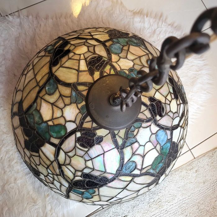 Lampa sygnowana w stylu TIFFANY Spider masa perłowa brąz copper foil