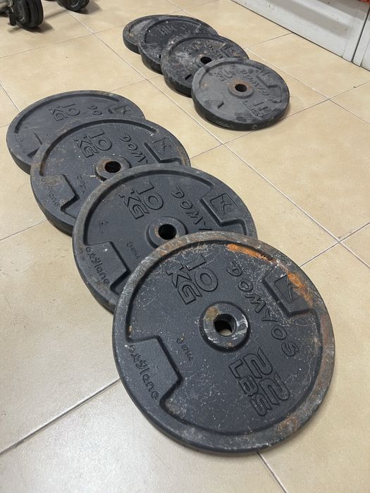 Kit de Musculação Domyos 80Kg em discos + Barra Longa + 2 Halteres