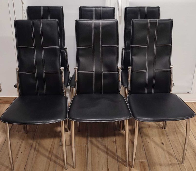 Mesa jantar e 6 cadeiras 150x90cm (vidro temperado e de couro sintétic