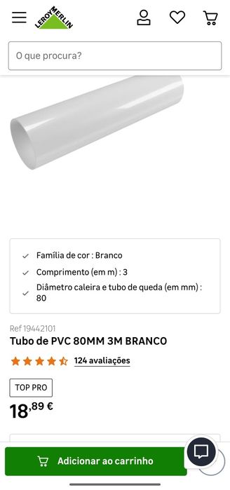 Tubo de PVC 80mm 3m branco