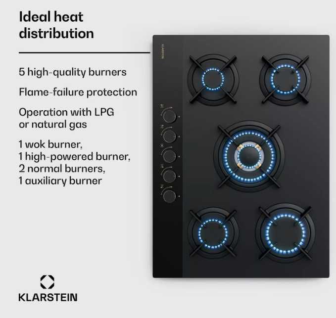 Газова плита з матовим склом 10046683 KLARSTEIN Goldflame Nano 5