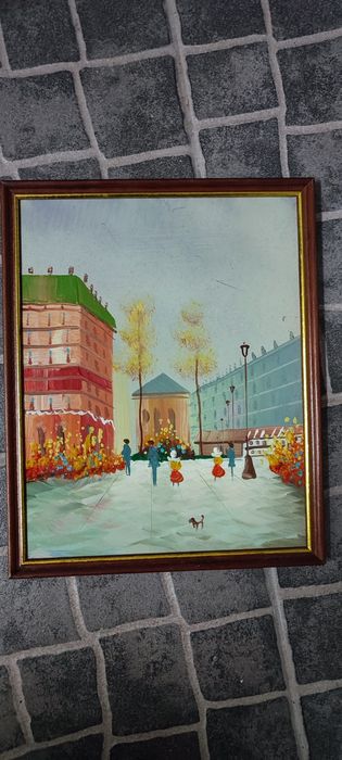 Quadro Vintage Paisagem Urbana - Pintura de Cena de Rua com Moldura de Madeira