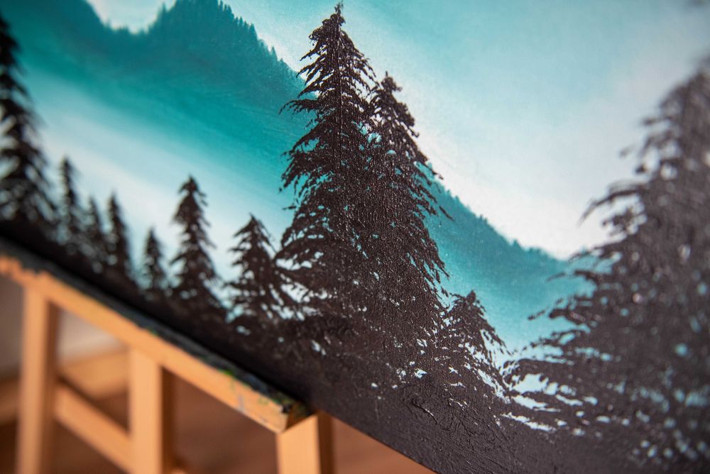 Obraz ręcznie malowany duży. akryl. 100x80 las mgła góry malarstwo