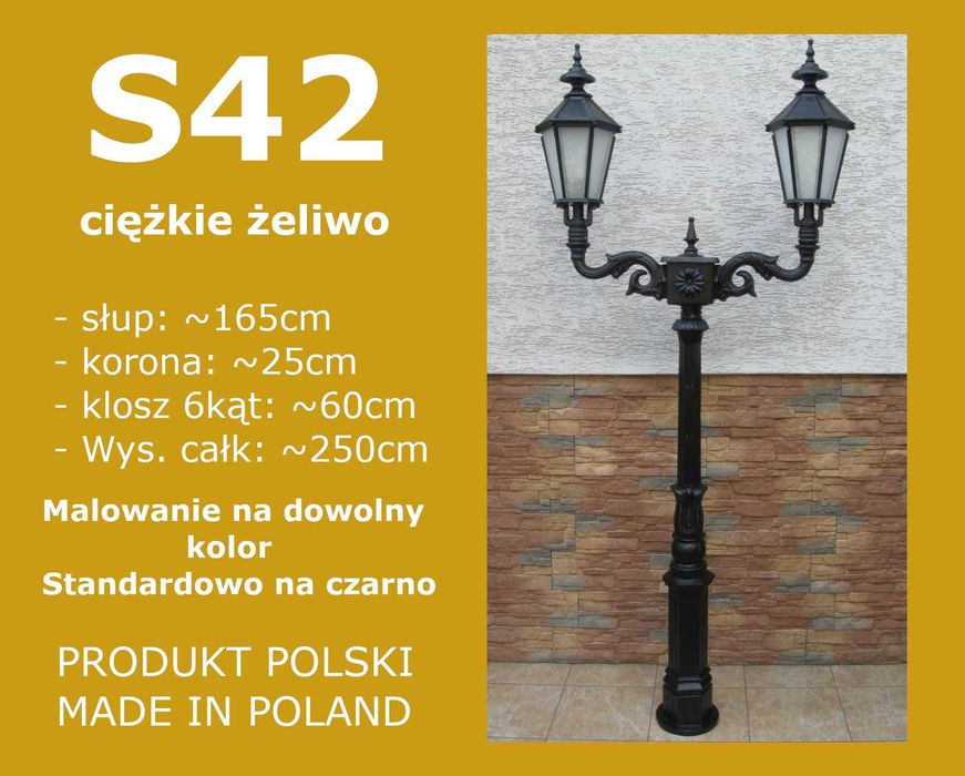 Żeliwna lampa ogrodowa podwójna, słup żeliwny, Hc=250cm