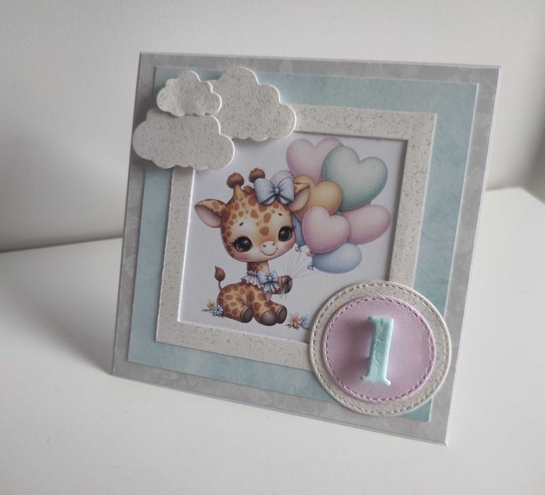 Kartka urodzinowa ręcznie robiona roczek, urodziny żyrafa