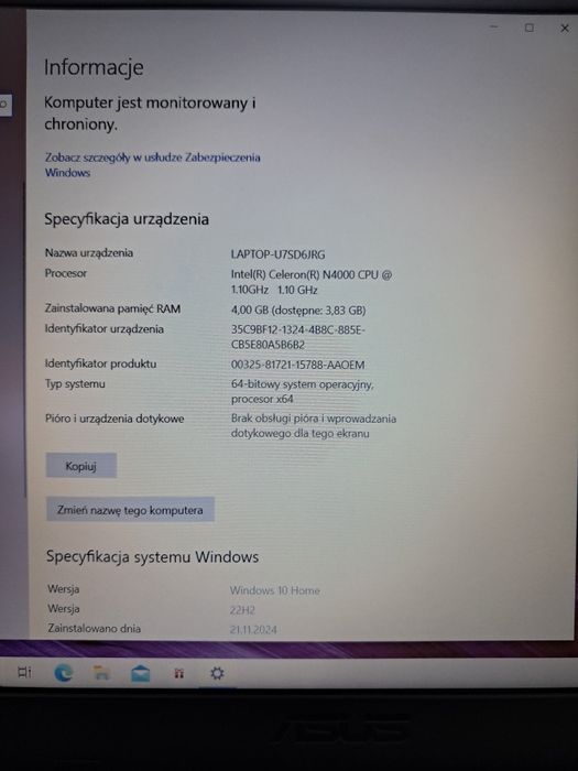 Laptop Asus X543 15,6 N4000 4GB 256GB SSD Win10
