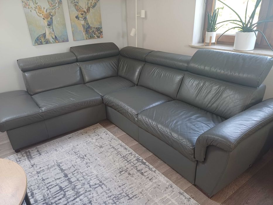 Sofa, narożnik skórzany, ze skóry, rozkładany, grafitowy, ciemnoszary