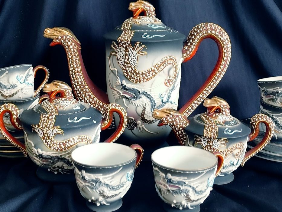 Serwis kawowy litofania GEJSZA Smoki Dragon Japoński vintage retro