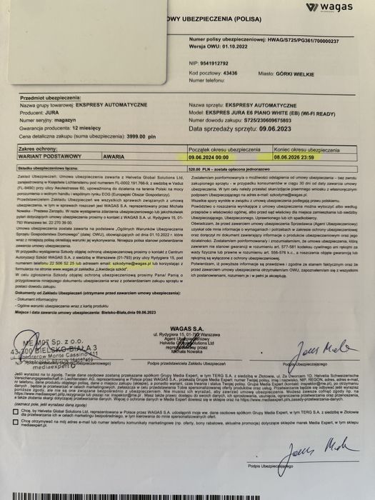 Ekspres ciśnieniowy JURA E6 na gwarancji z pojemnikiem na mleko