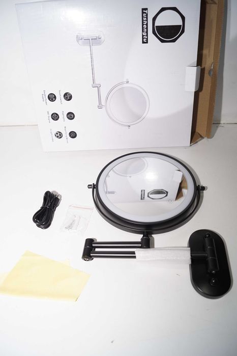 Tushengtu Rozsuwane 8 calowe ścienne lustro LED czarne do makijażu 360