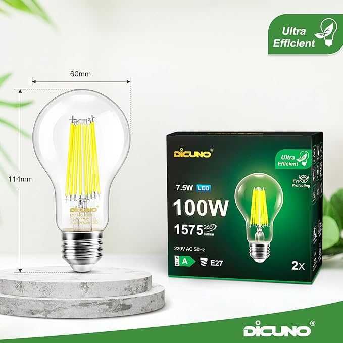 DiCUNO Edison żarówka LED E27,Classic 7,5W zamiennik żarówki 100W 2szt