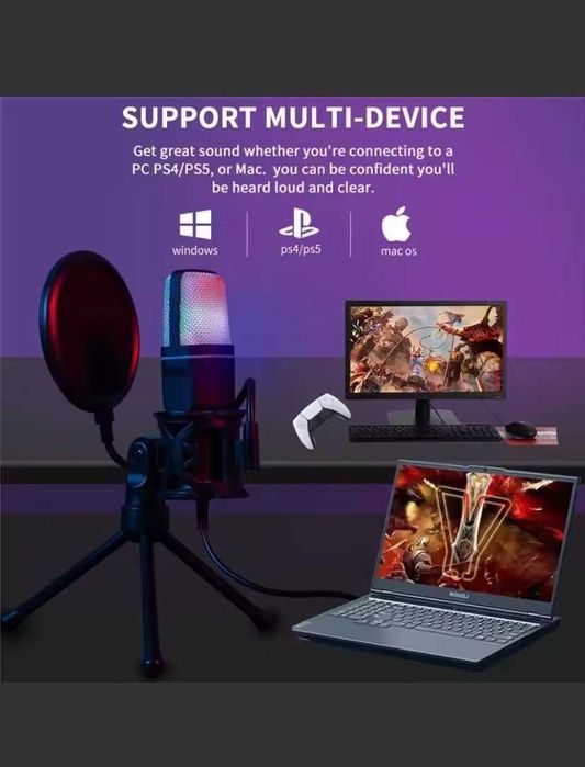 Microfone Condensador USB RGB para Gaming / Podcast + Kit Completo