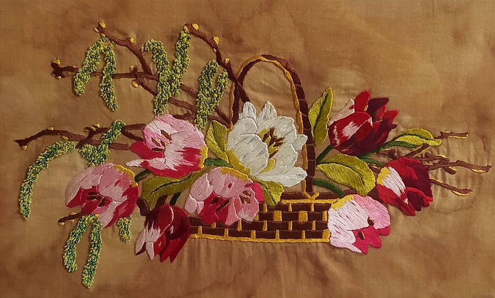 Obraz haftowany na jedwabiu XIX wiek