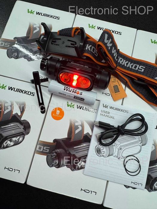WURKKOS HD17\SST40-2500LM-220m\RED- light\Magnet\EDC\USB-C\АКБ 3000mAh