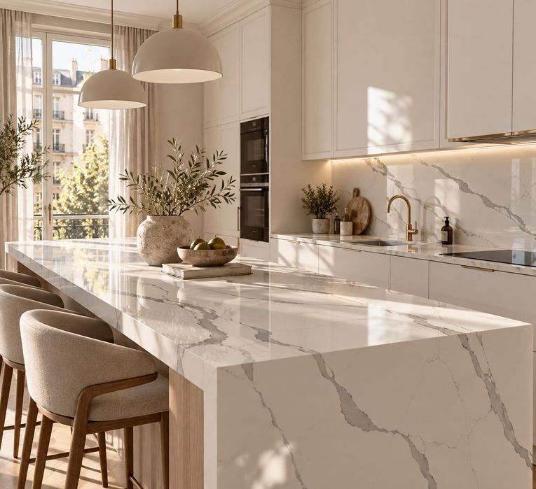 Blaty kuchenne i łazienkowe, schody, parapety - konglomerat kwarcytowy Calacatta Extra gr.3cm