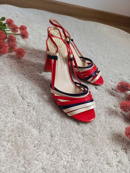 Czerwone sandały na obcasie paski retro eleganckie lato UK 3 36