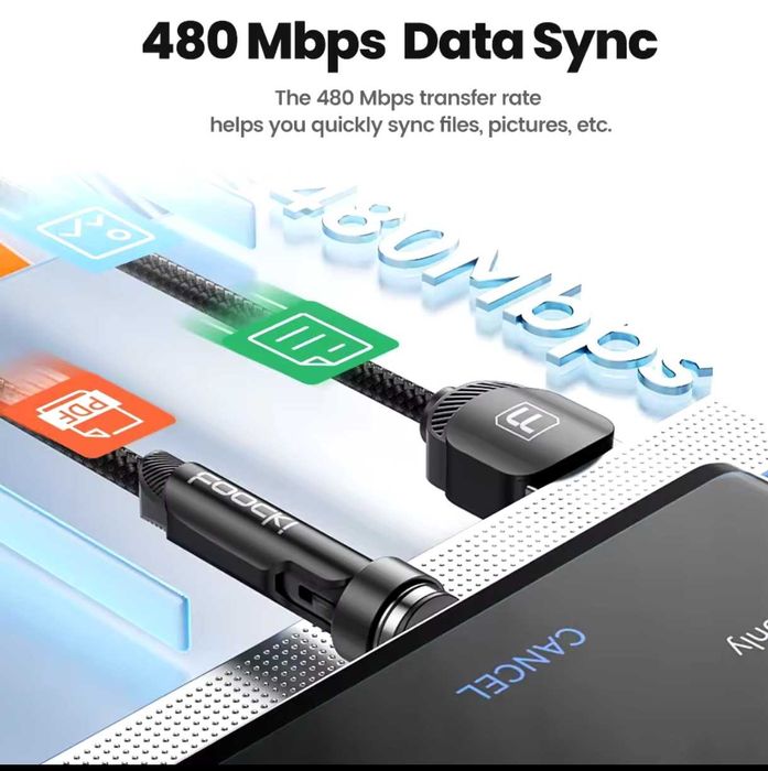 Магнітний Кабель Тооскі 3A  Кутовий USB Type C,  iPhone,Micro USB