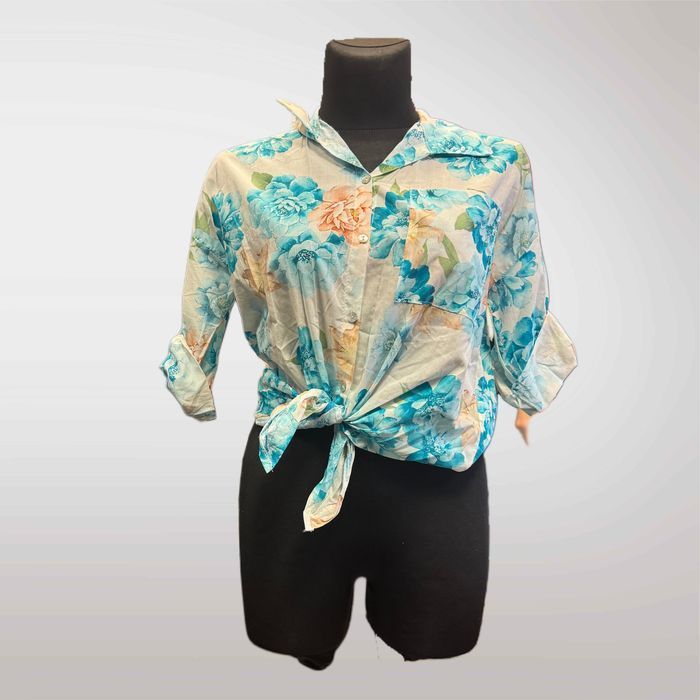 Koszula w Kwiaty Wiązana w Talii Turkus