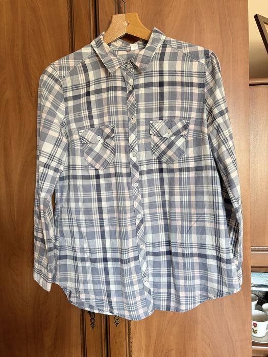 Koszula w kratę H&M niebiesko-biała bawełniana kieszenie M/L