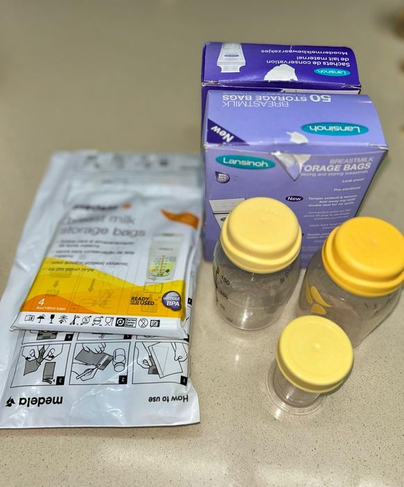 Sacos de congelar leite, 2 recipiente para armazenar leite e copo mede