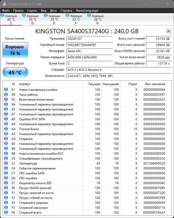 SSD Kingston A400 240GB 2.5" SATA III - відмінний стан