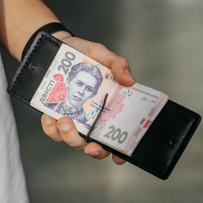 Чоловічий затискач для грошей шкіряний чорний