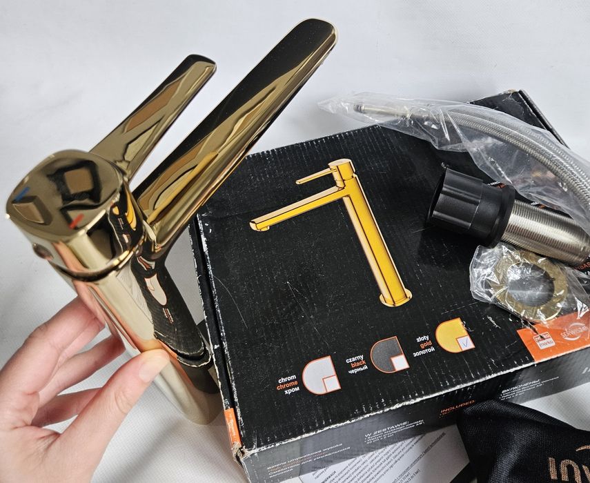 kran wysoki stojący złoty chrom Invena wylewka umywalki bater