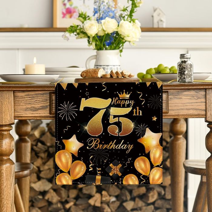 Dekoracja Stołu na Przyjęcie 75 Urodziny  Czarny Złoty 40x140 cm