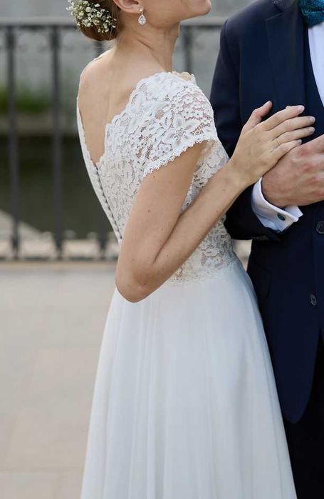 Suknia ślubna koronka, szyfon/muślin, XS 34 + etola i welo