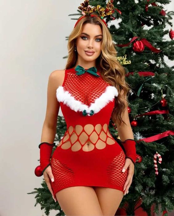Сексуальное новогоднее платье в сетку с перчатками | Образ Снегурочки