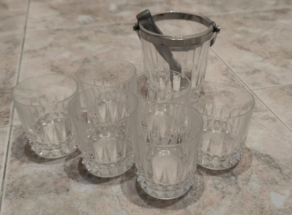 Lote 6 Copos Vidro whisky com Balde Metal + pinça