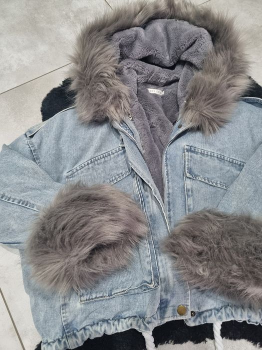 Zimowa kurtka jeansowa z kożuszkiem, futro, oversize