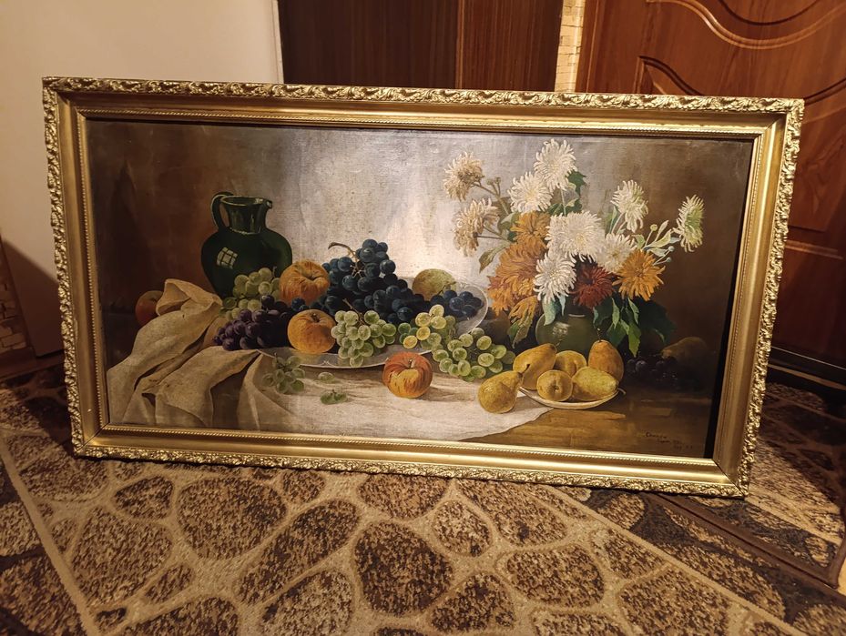 stary duży obraz olej na płótnie martwa natura - piękna rama 1962r