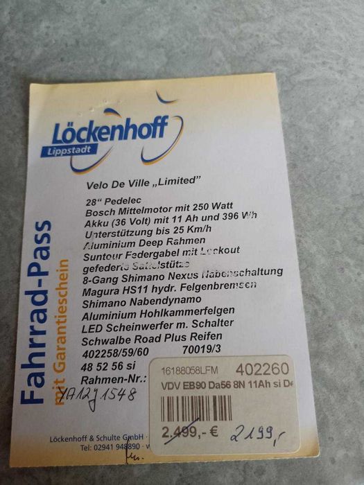 Rower Elektryczny Velo De Ville "Limited" 250 Wat, 400 Wh