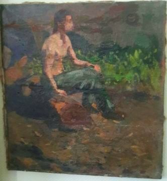 Антикварная картина на холсте, рыбак