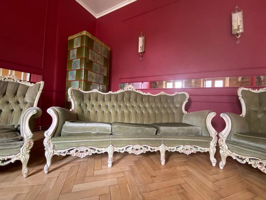 Komplet ecru ludwikowski zielony stylowy sofa Ludwik