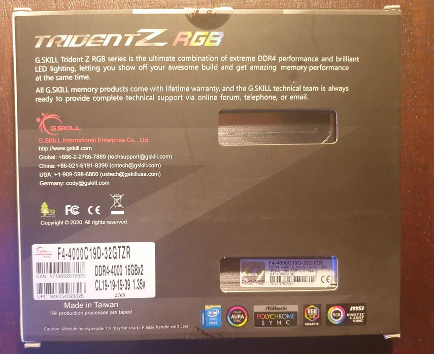 G.SKILL Trident Z RGB RAM Memory 32GB (2x16GB) DDR4-4000MHz64586494240131124