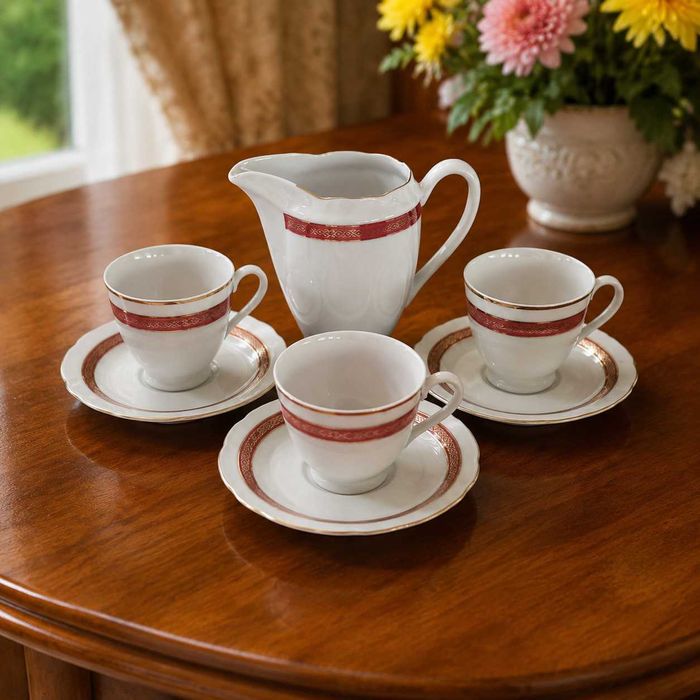 Porcelanowy komplet do espresso z mlecznikiem – Bordo i złoto – Warszawa Gocław