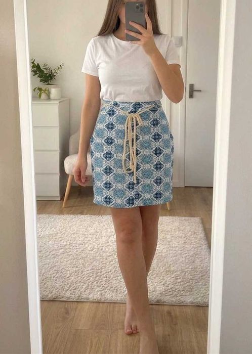 Spódnica mini we wzory boho azulejos S 36 z paskiem letnia sznurkiem bawełna