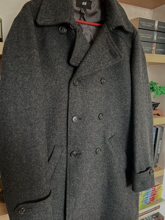 Elegancki męski płaszcz H&M wełniany 54 – ciemnoszary, klasyczny krój