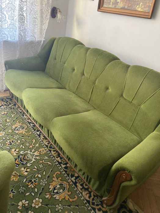 Komplet wypoczynkowy: Kanapa rozkładana + 2 fotele, zielony welur