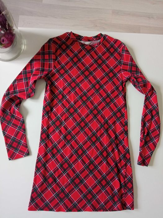 H&M sukienka w kratę z długim rękawem bawełna r 158-164