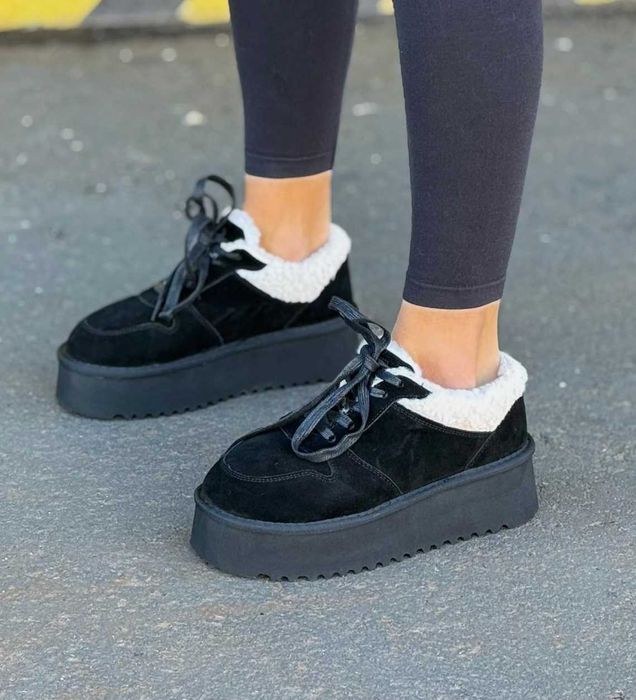 Зимние женские замшевые кроссовки с мехом натуральная замша черные