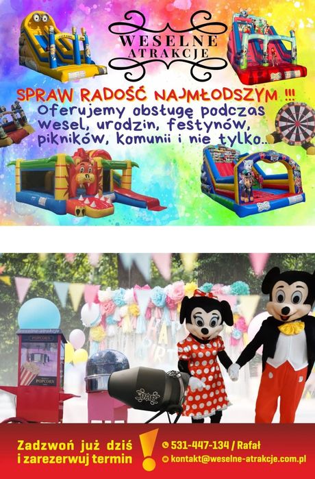 Dmuchańce Zamki Zjeżdżalnie dla dzieci, Wata Popcorn, Holi,Piana Party