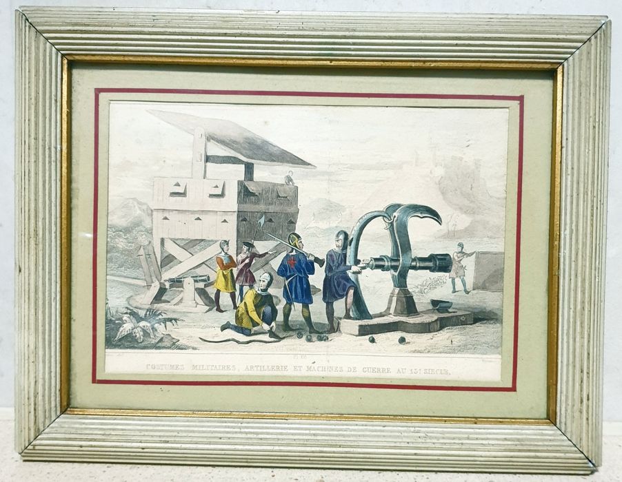Quadro com antiga gravura francesa de costumes Militares do Sec. XV