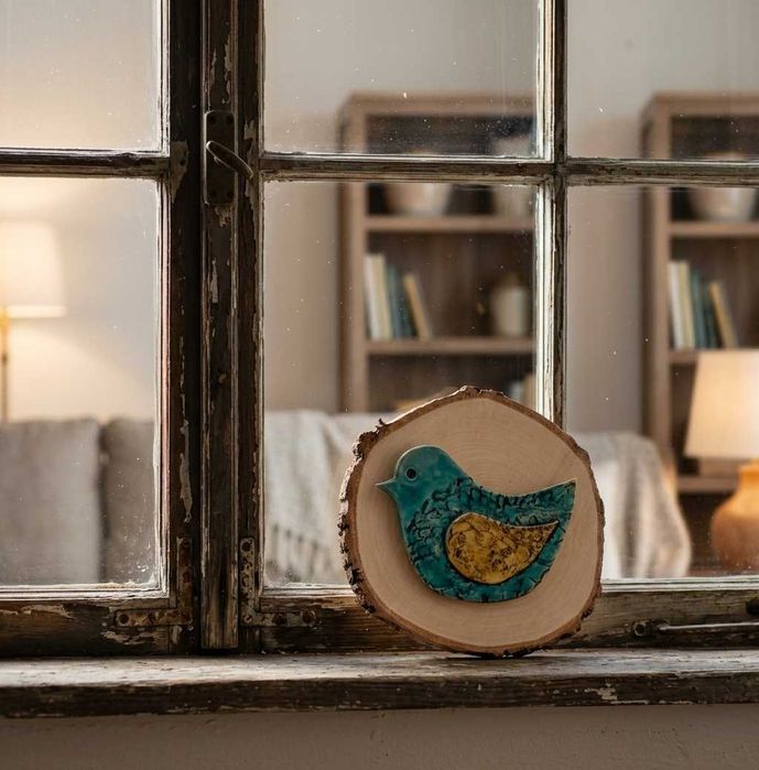 Unikatowy ceramiczny ptaszek na plastrze drewna – Rękodzieło