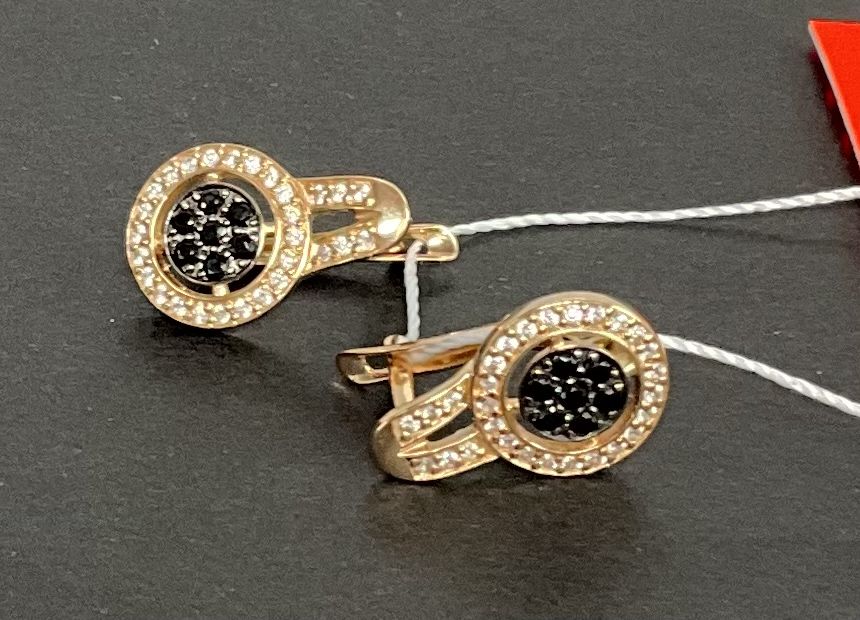 Сережки, золото585, красное, длина 1,8 см, цирконий