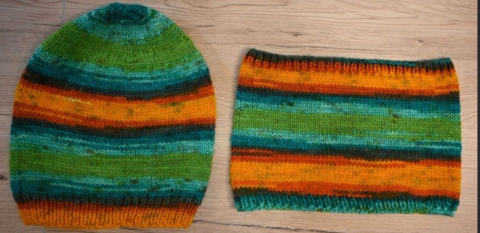 Czapka i komin handmade druty szmaragd zielony pomaranczowy
