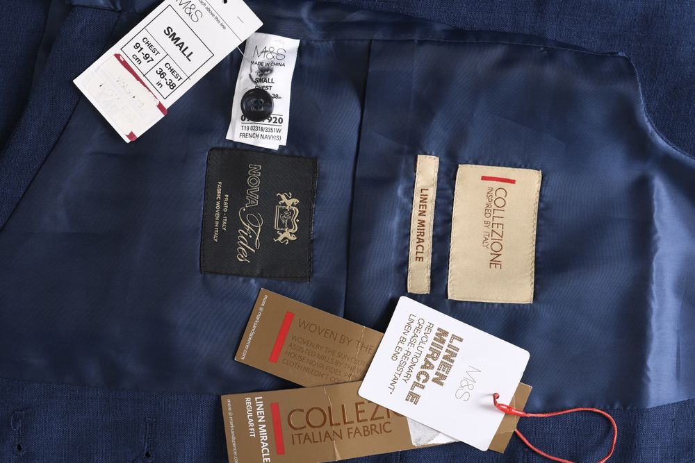 M&S granatowa kamizelka garniturowa z lnem elegancka Regular Fit r. 46