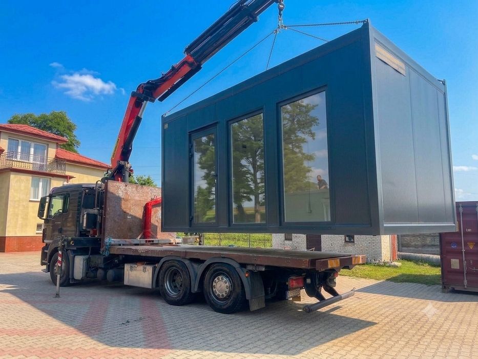Kontener handlowy biurowy  3x6m z WC, aneks kuchenny, klimatyzacja - Wynajem - transport